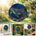 Sea turtle stained glass suncatcher displayed as window decor, garden decor and balcony hanging decor ideas