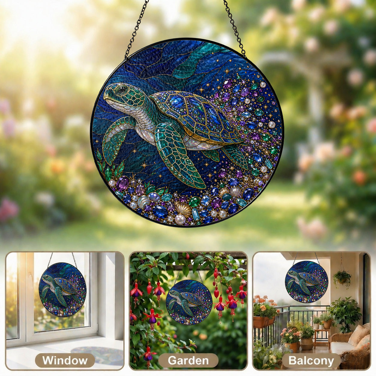 Sea turtle stained glass suncatcher displayed as window decor, garden decor and balcony hanging decor ideas