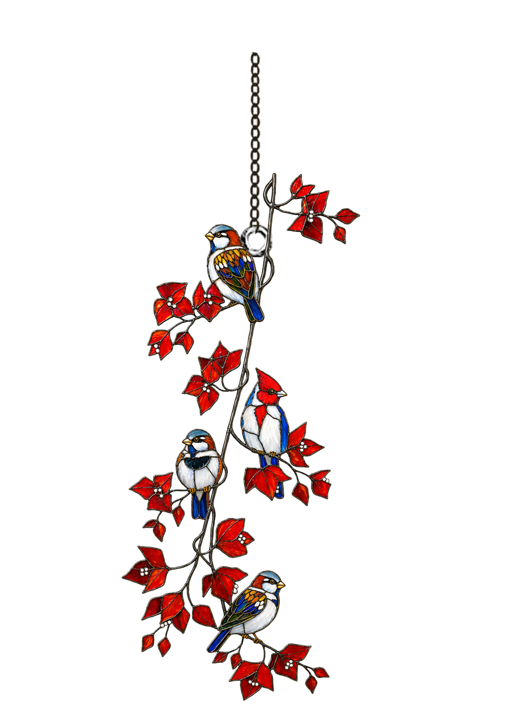 Sparrows & Cardinal on Red Leaf Vine Holographic Acrylic Suncatcher