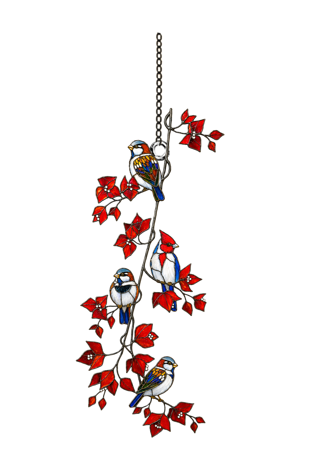Sparrows & Cardinal on Red Leaf Vine Holographic Acrylic Suncatcher