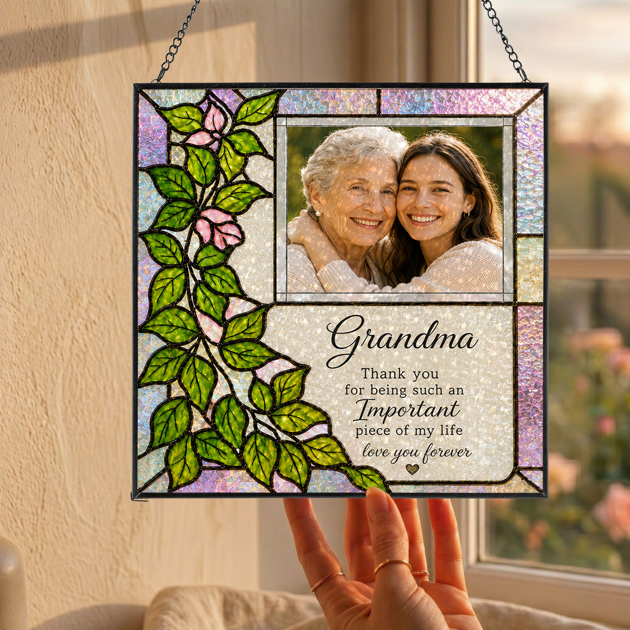 Personalized Grandma Photo Suncatcher – Thank You Grandma Floral Stained Glass Gift