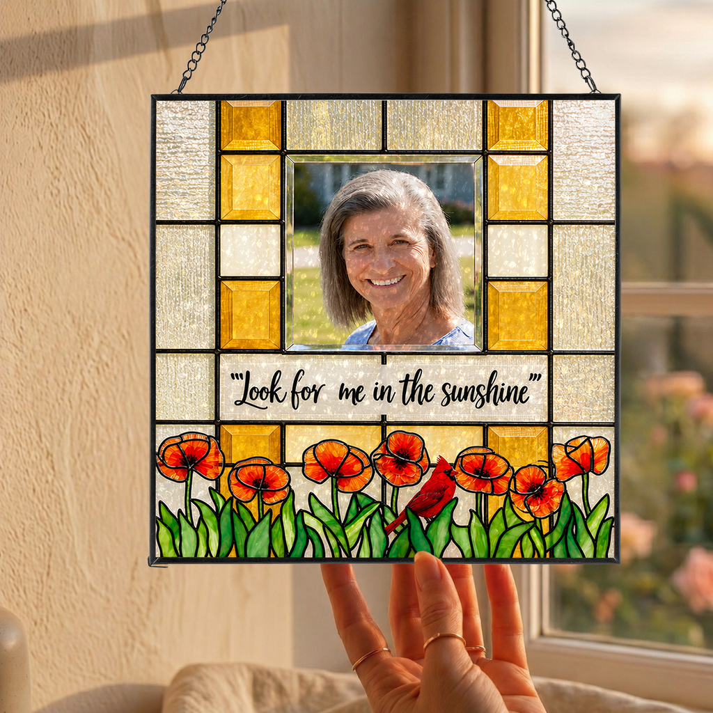 Personalized Memorial Photo Suncatcher – Look For Me In The Sunshine Cardinal &amp; Poppies