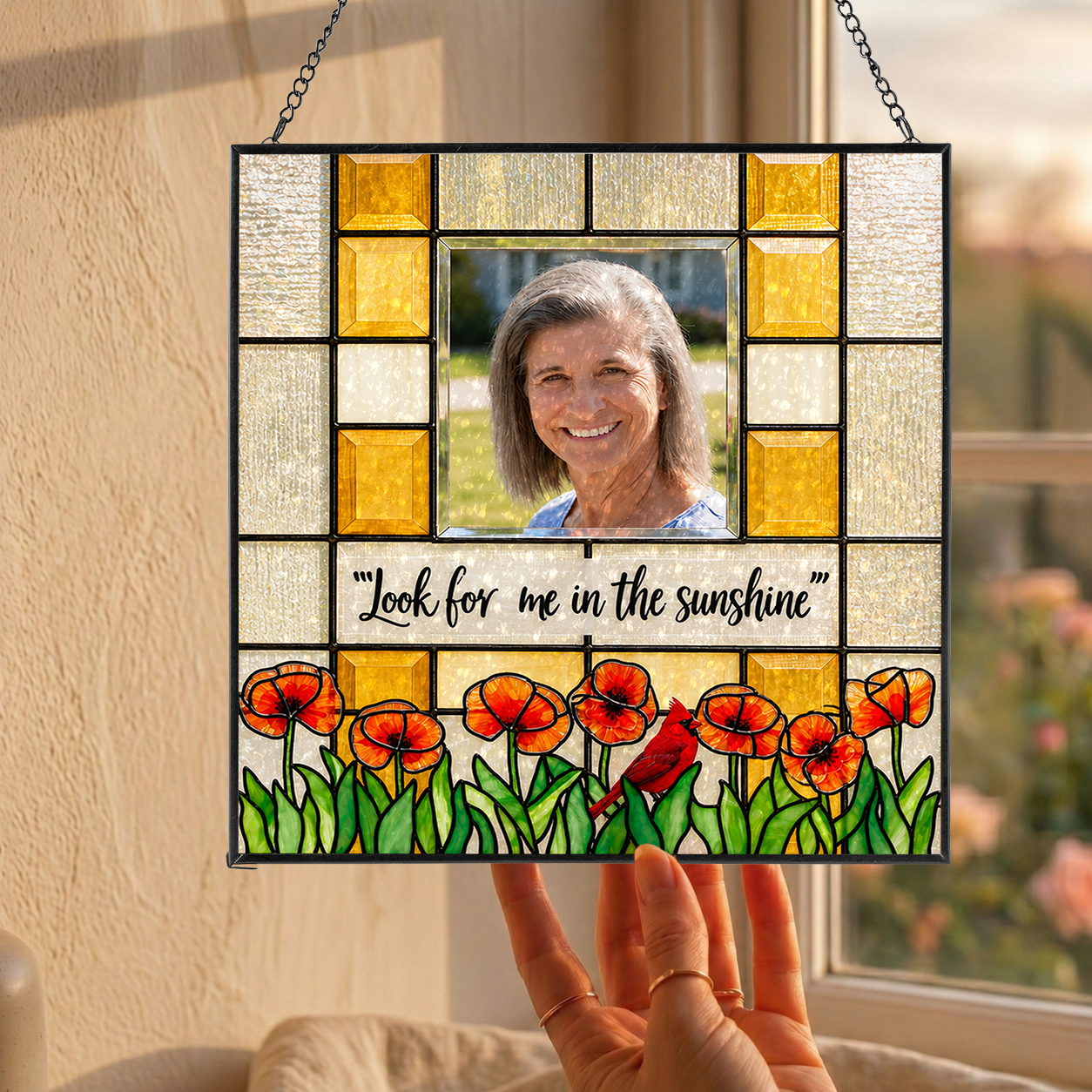 Personalized Memorial Photo Suncatcher – Look For Me In The Sunshine Cardinal &amp; Poppies