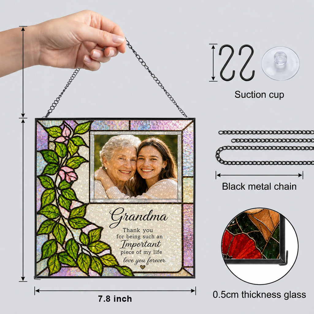 Personalized Grandma Photo Suncatcher – Thank You Grandma Floral Stained Glass Gift