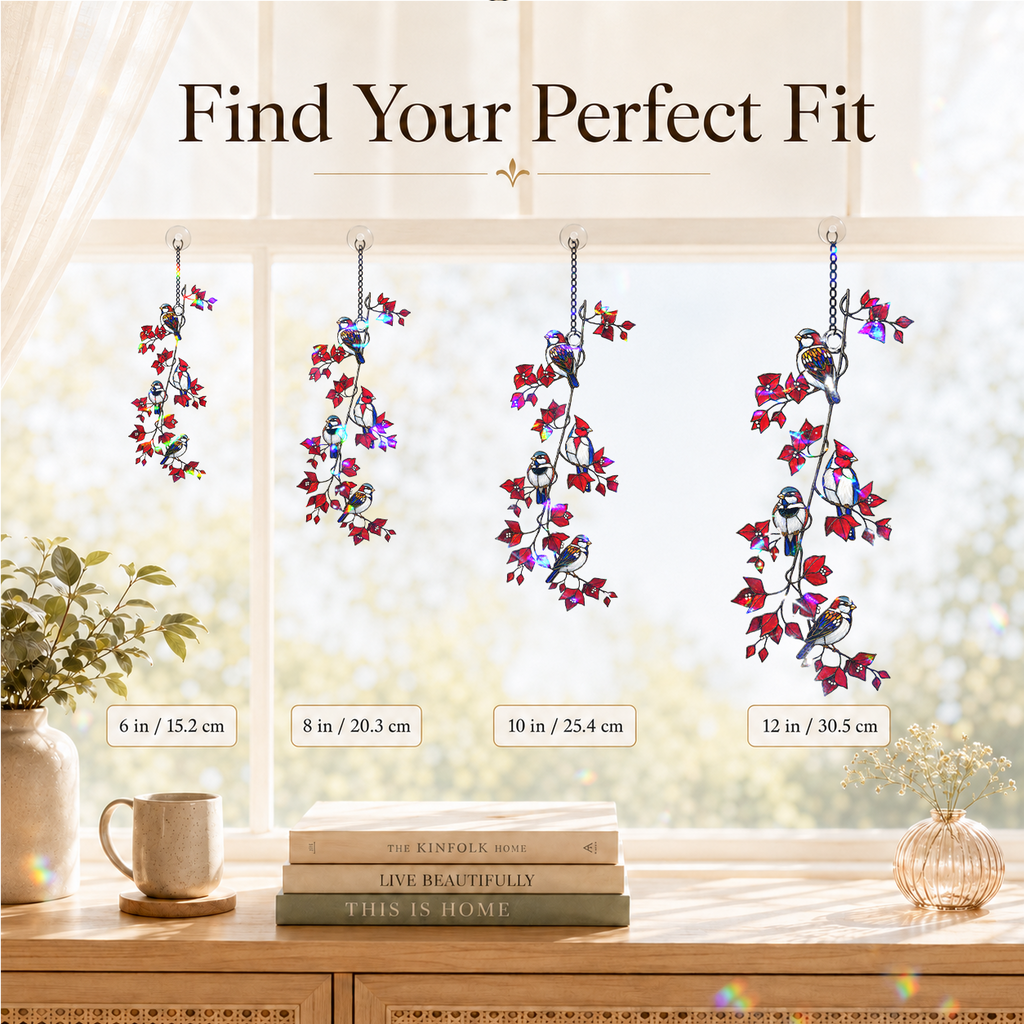 Sparrows & Cardinal on Red Leaf Vine Holographic Acrylic Suncatcher