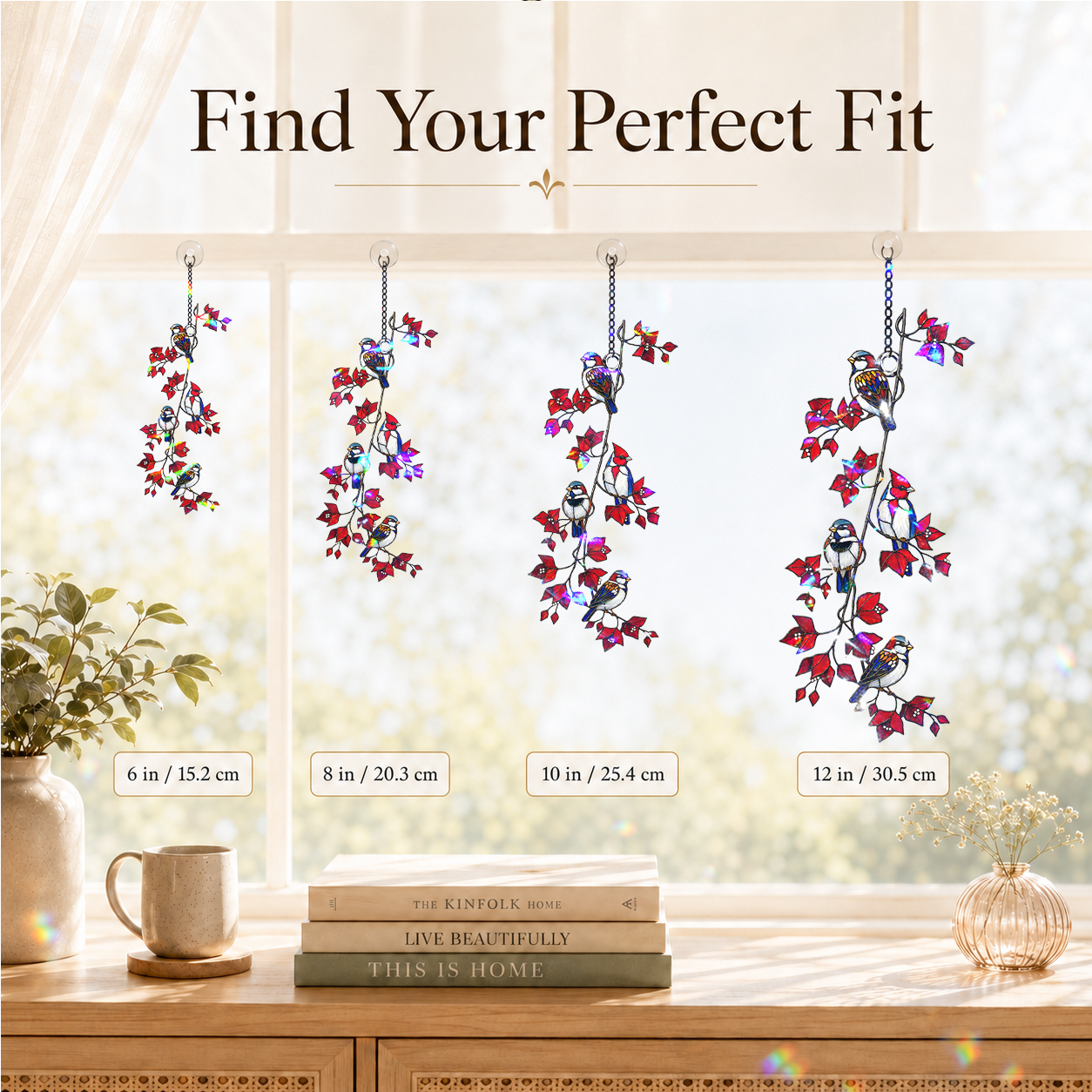 Sparrows & Cardinal on Red Leaf Vine Holographic Acrylic Suncatcher