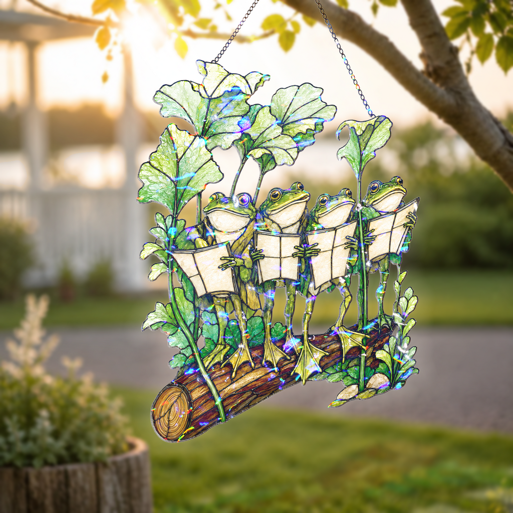 Four Frogs Reading Books on a Log Holographic Acrylic Suncatcher