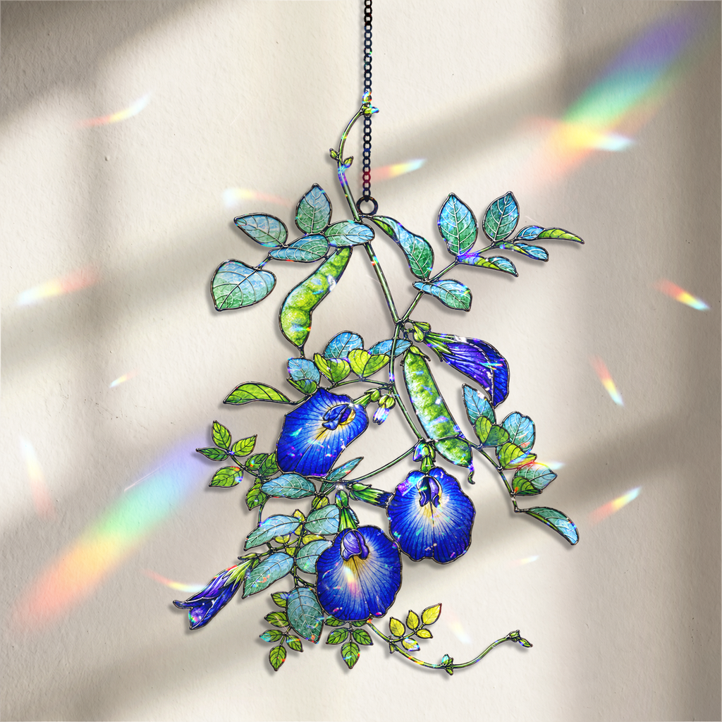 Blue Butterfly Pea Flower Vine Holographic Acrylic Suncatcher