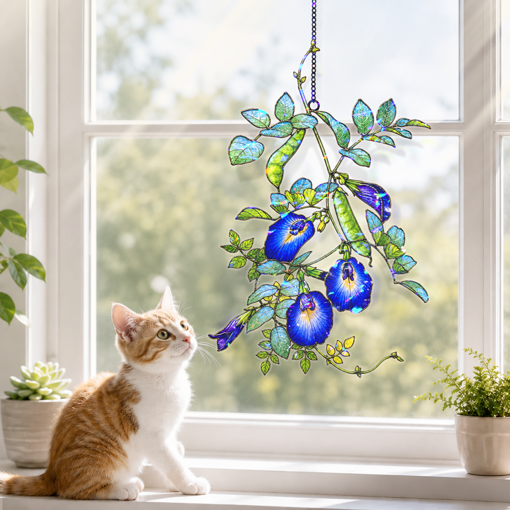 Blue Butterfly Pea Flower Vine Holographic Acrylic Suncatcher