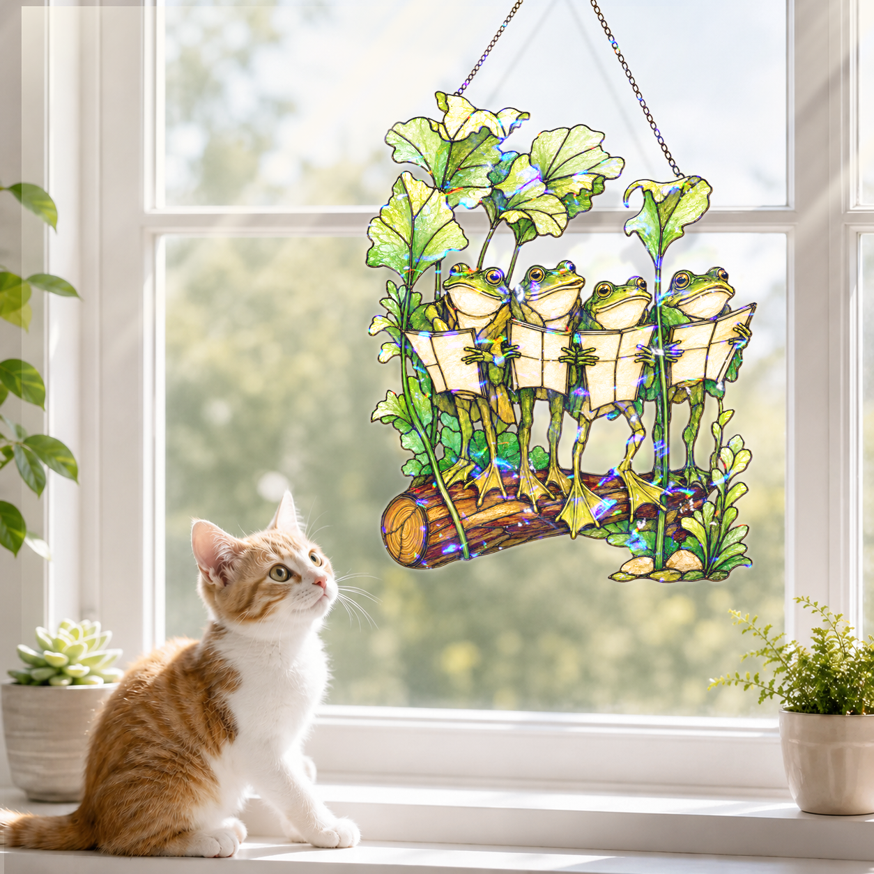 Four Frogs Reading Books on a Log Holographic Acrylic Suncatcher