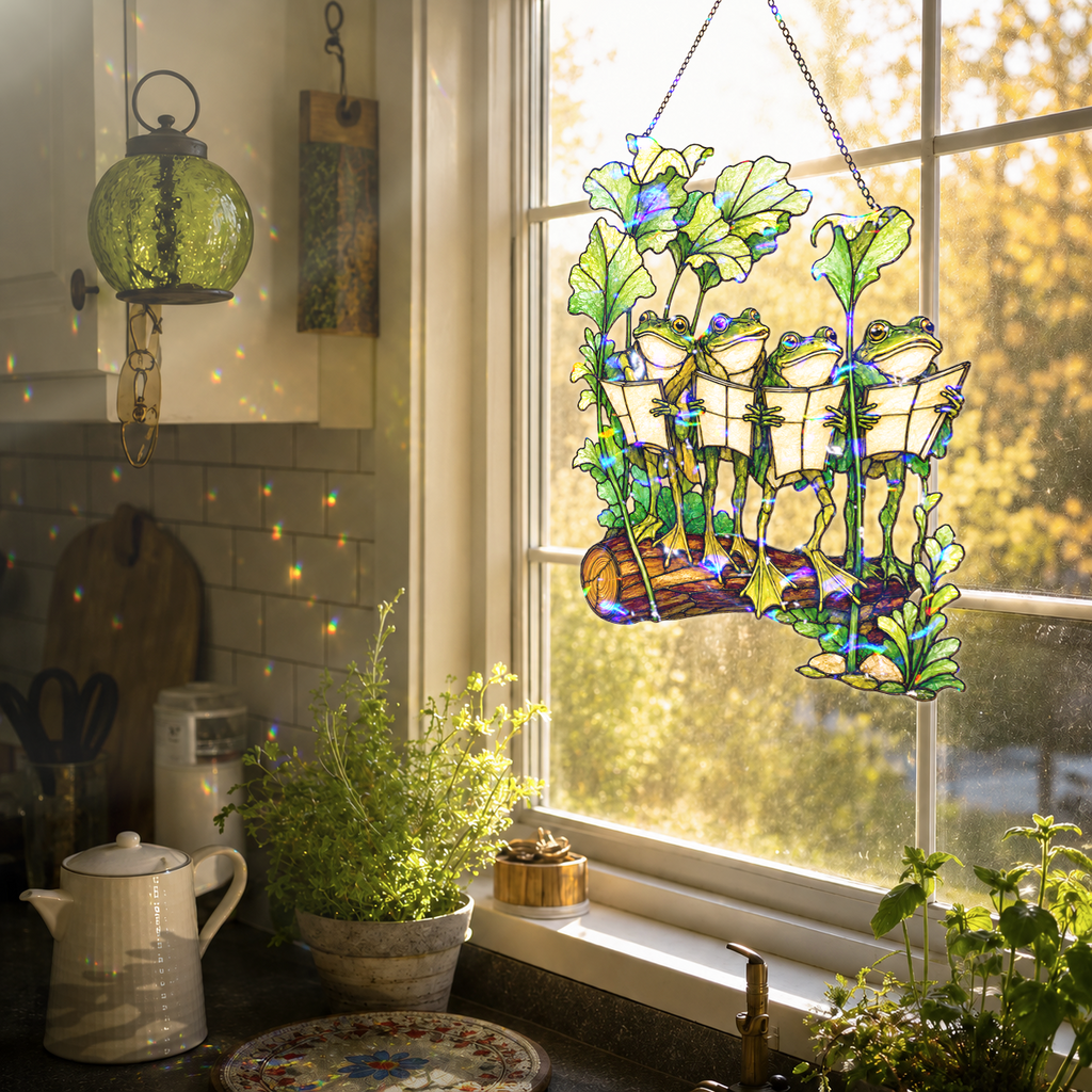 Four Frogs Reading Books on a Log Holographic Acrylic Suncatcher
