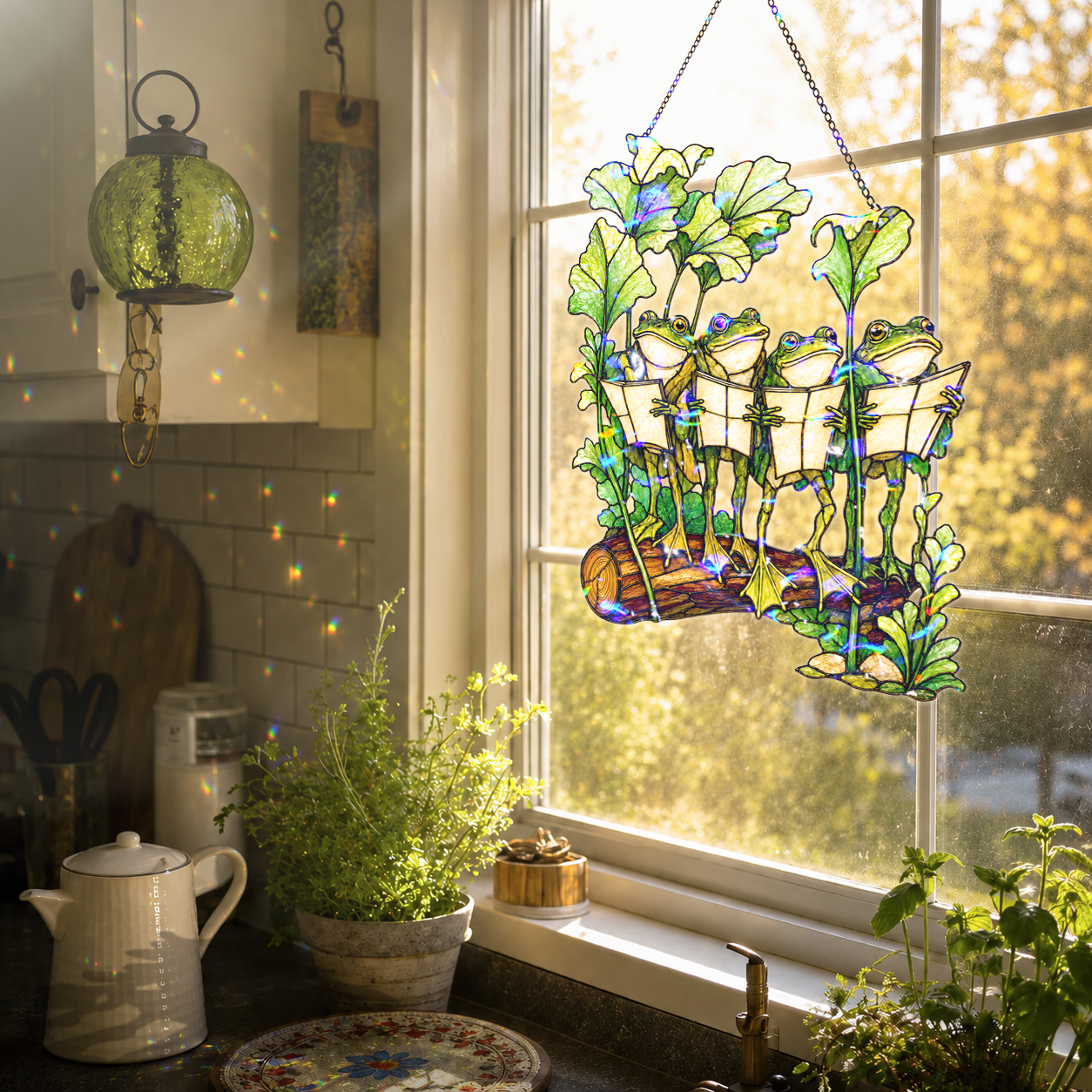Four Frogs Reading Books on a Log Holographic Acrylic Suncatcher