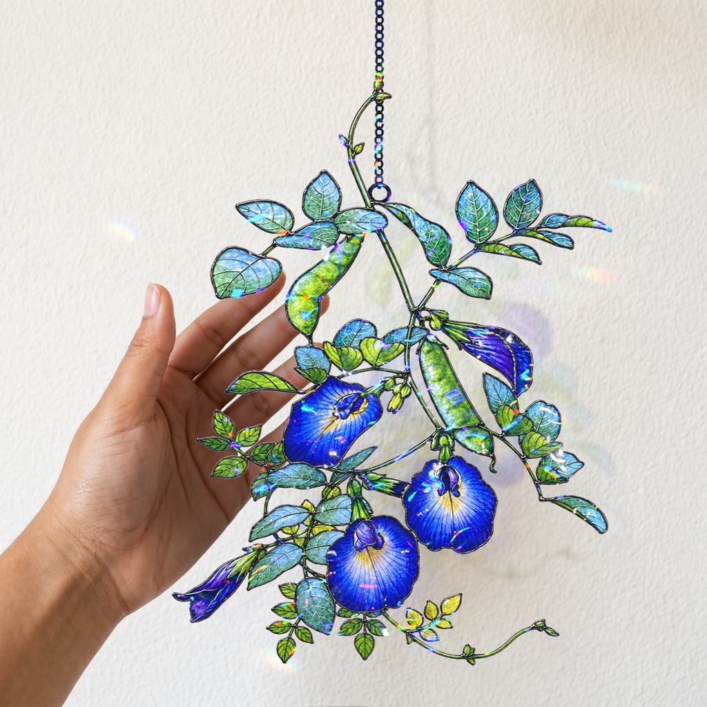 Blue Butterfly Pea Flower Vine Holographic Acrylic Suncatcher