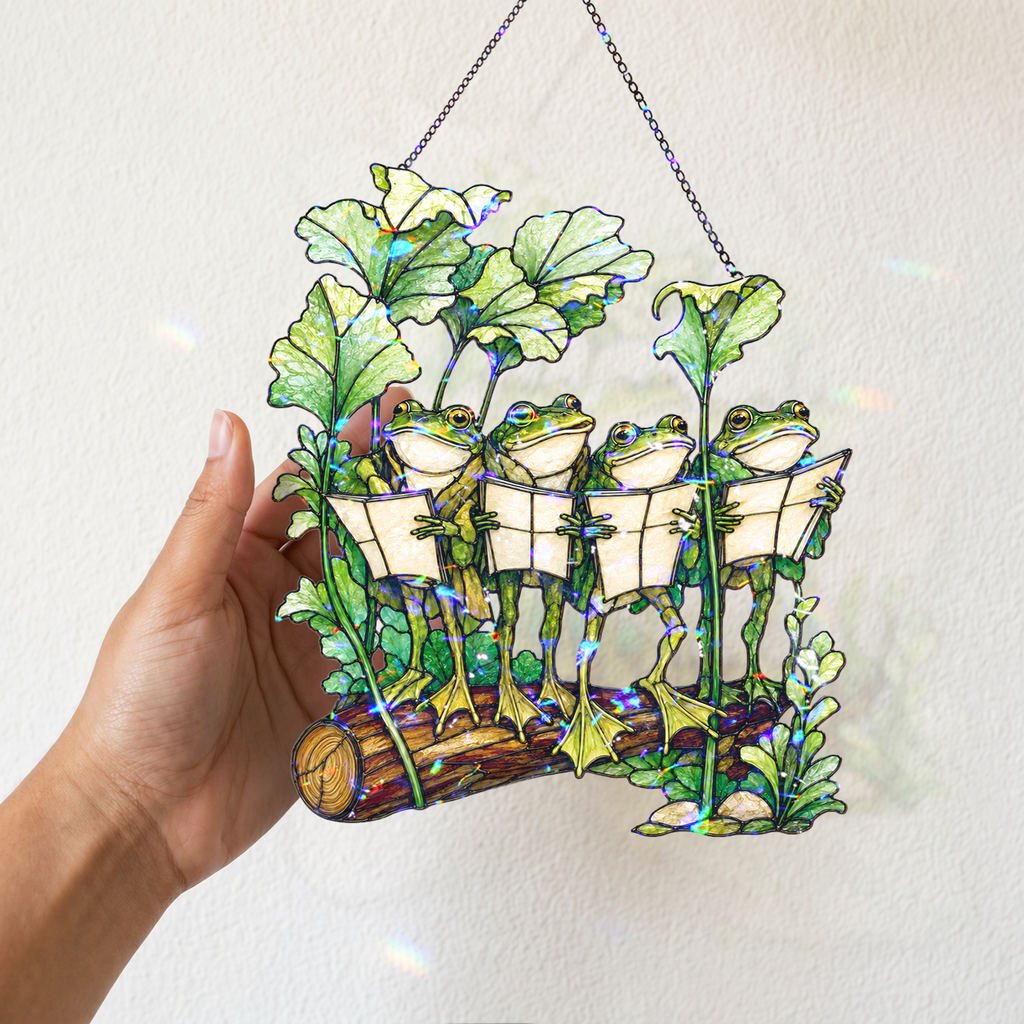 Four Frogs Reading Books on a Log Holographic Acrylic Suncatcher