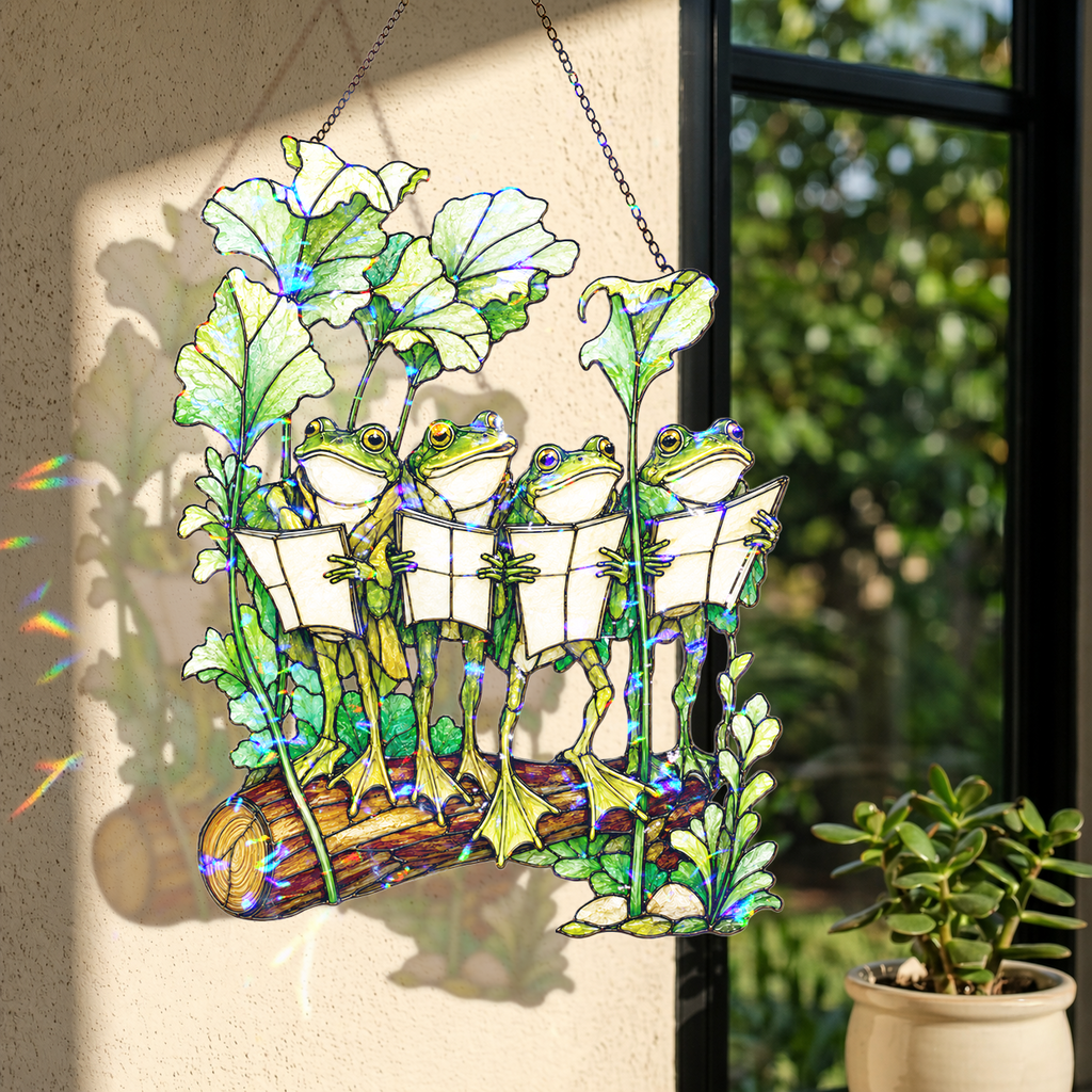 Four Frogs Reading Books on a Log Holographic Acrylic Suncatcher
