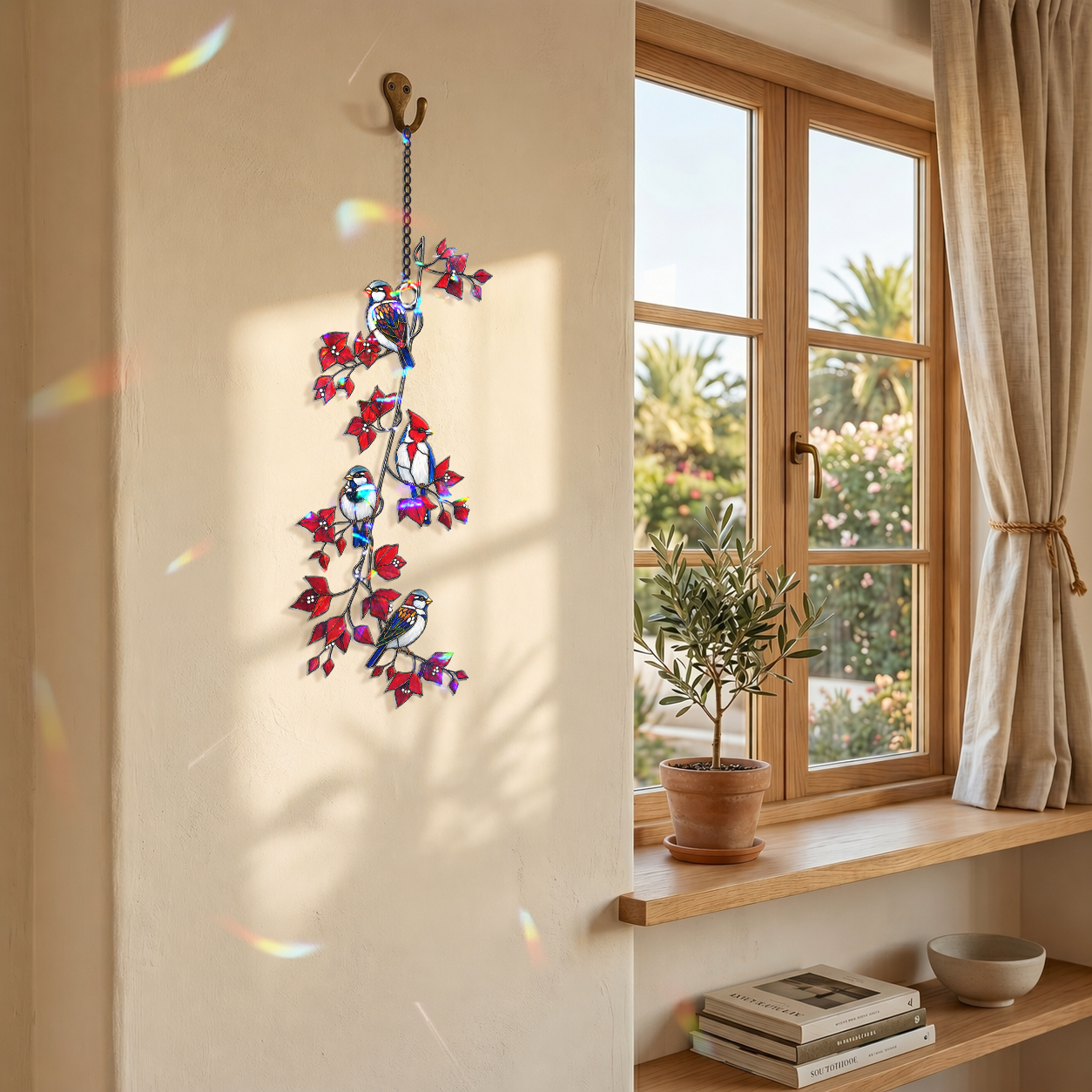Sparrows & Cardinal on Red Leaf Vine Holographic Acrylic Suncatcher
