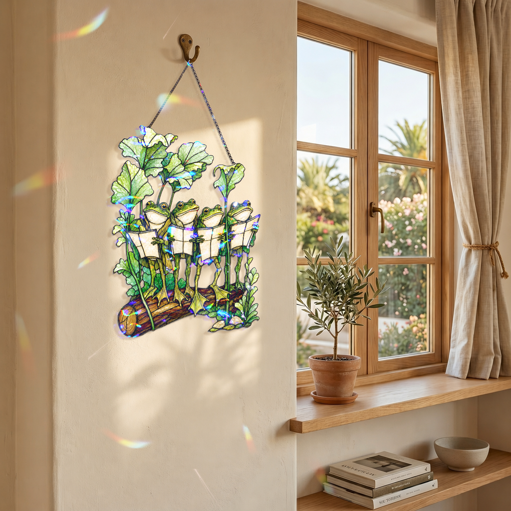 Four Frogs Reading Books on a Log Holographic Acrylic Suncatcher