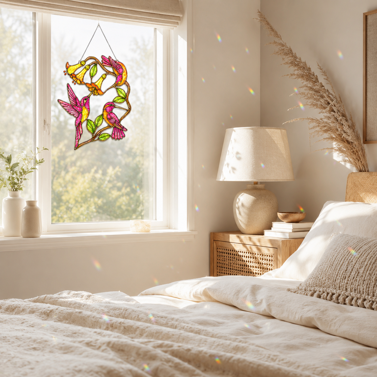 Hummingbirds & Trumpet Vine suncatcher displayed in a bright bedroom window with sunlight creating rainbow reflections on cream walls and bedding.