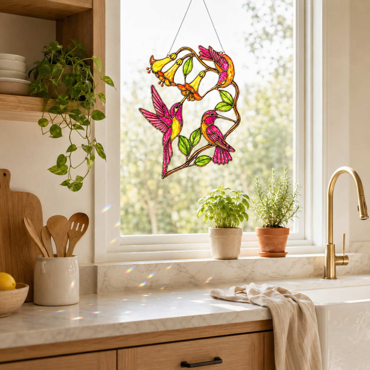 Hummingbirds & Trumpet Vine suncatcher hanging in front of a kitchen window with potted herbs, sunlight, and subtle rainbow reflections on counter.
