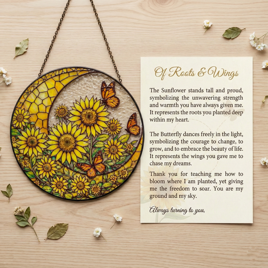 Sunflower Butterfly Stained Glass Suncatcher with Monarch Butterfly