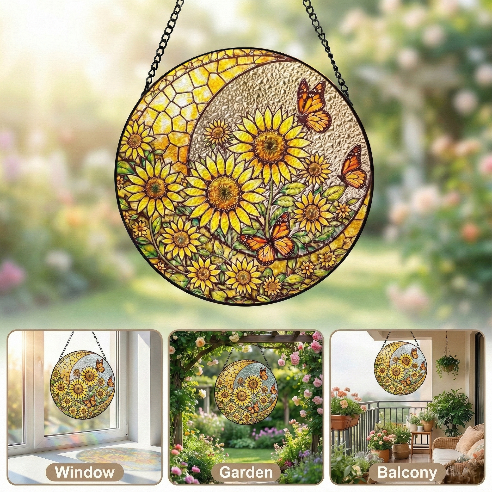 Sunflower Butterfly Stained Glass Suncatcher with Monarch Butterfly