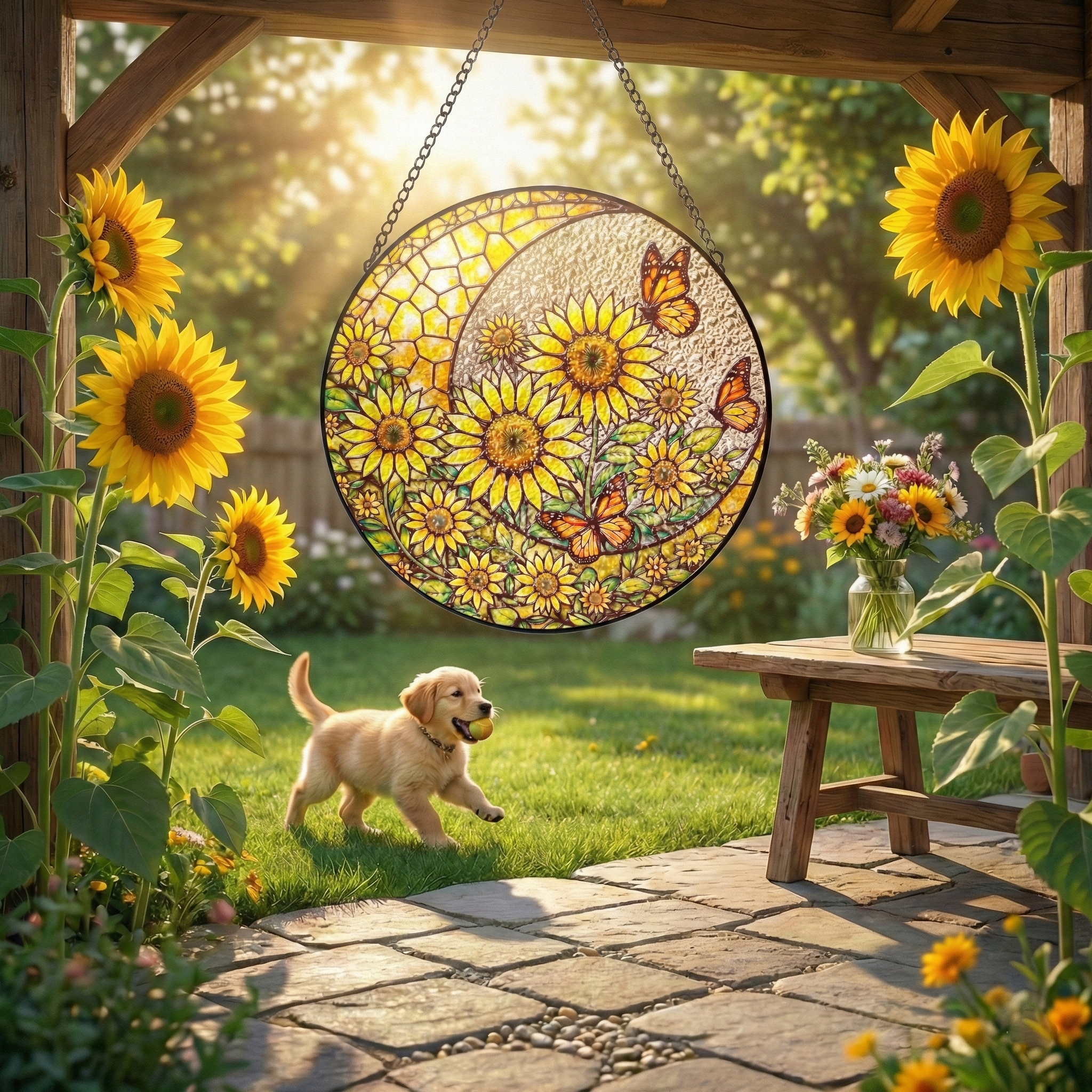 Sunflower Butterfly Stained Glass Suncatcher with Monarch Butterfly