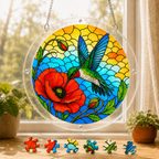 Round hummingbird poppy acrylic puzzle suncatcher hanging in a sunny window with colorful puzzle pieces below