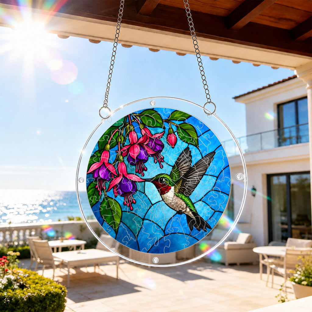 Hummingbird fuchsia acrylic puzzle suncatcher hanging on an outdoor patio window in bright sunlight