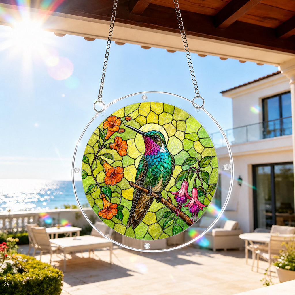 Hummingbird floral acrylic puzzle suncatcher hanging on an outdoor patio window in bright daylight