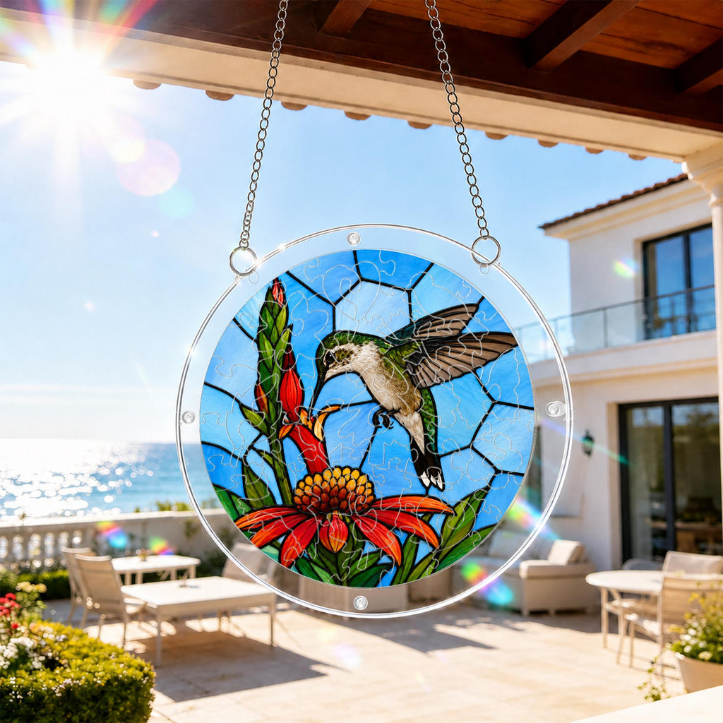 Hummingbird tropical flower acrylic puzzle suncatcher hanging on an outdoor patio window in bright daylight