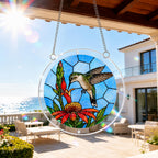 Hummingbird tropical flower acrylic puzzle suncatcher hanging on an outdoor patio window in bright daylight