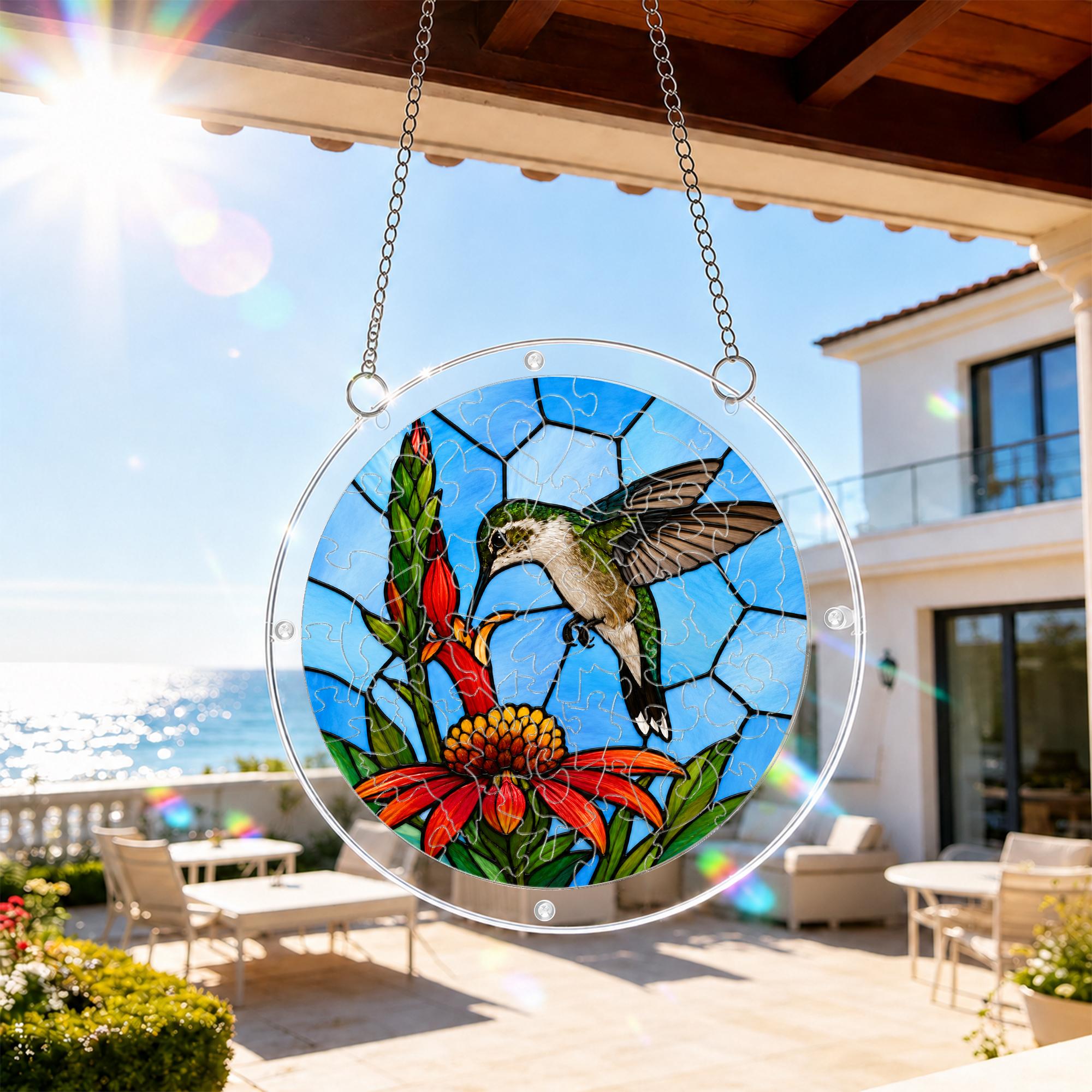 Hummingbird tropical flower acrylic puzzle suncatcher hanging on an outdoor patio window in bright daylight