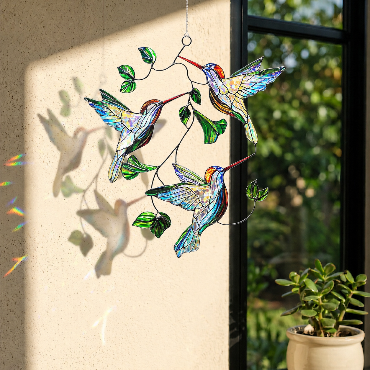 Hummingbird Leaf holographic acrylic suncatcher hanging on a sunlit wall, casting soft shadows and colorful rainbow reflections.