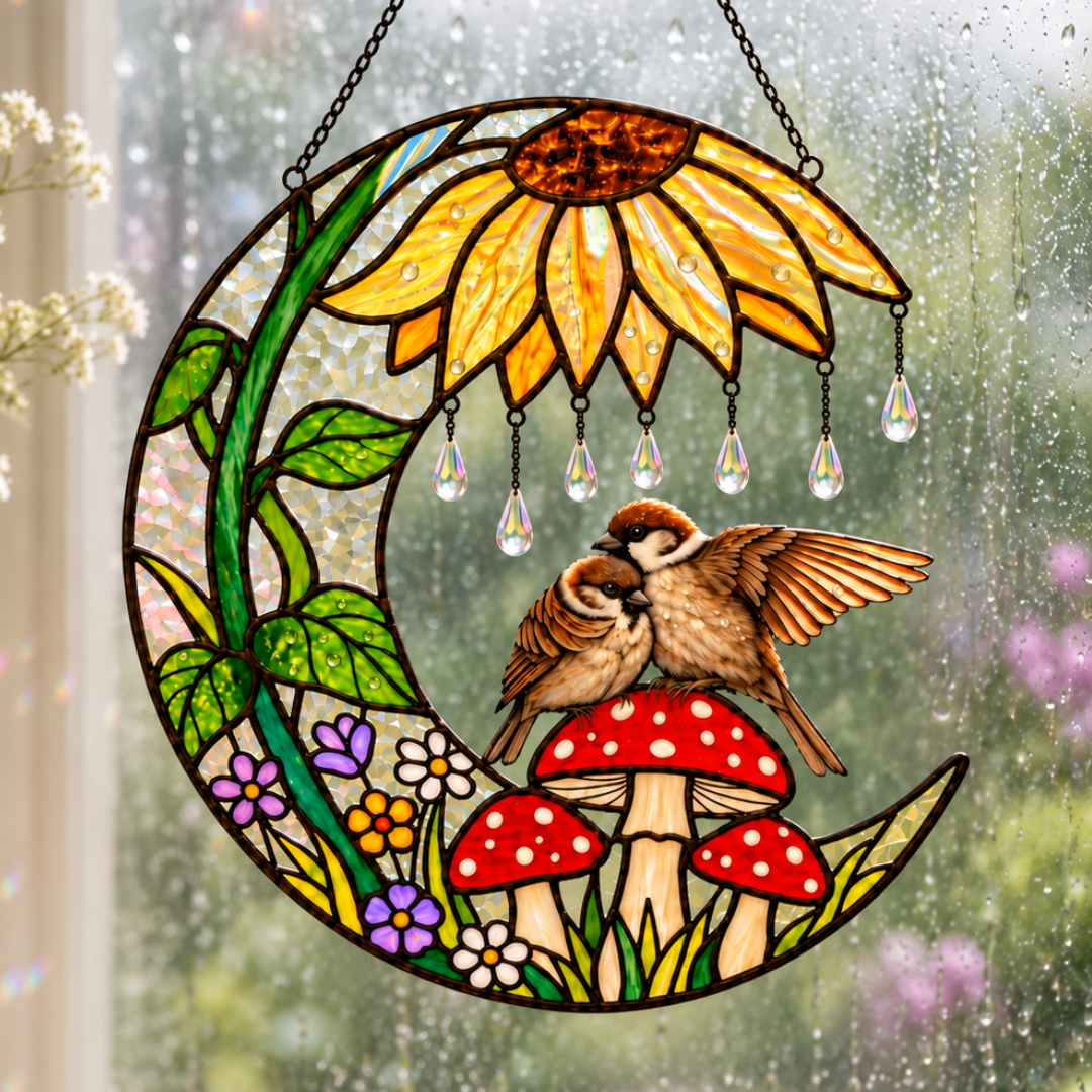 Sparrow Couple Sunflower Umbrella Crescent Moon Holographic Acrylic Suncatcher