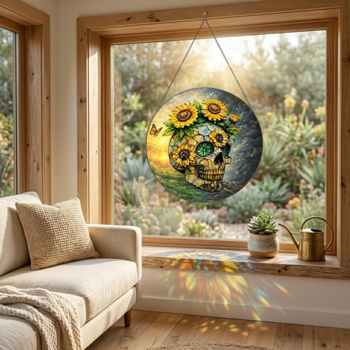 Sunflower Skull Stained Glass Suncatcher