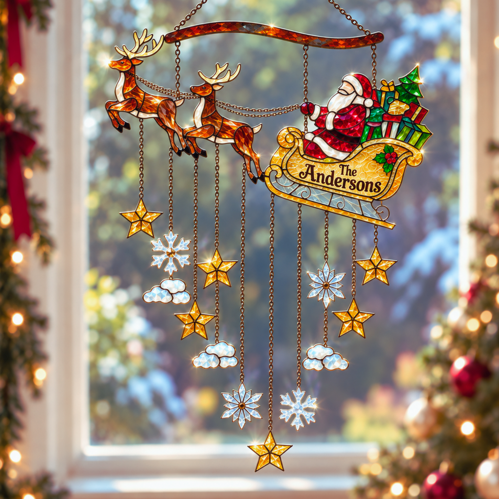 Personalized Santa Sleigh & Reindeer Family Name Holographic Acrylic Suncatcher