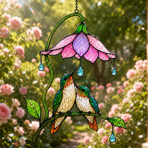 Hummingbird Pair Pink Bell Flower Holographic Acrylic Suncatcher