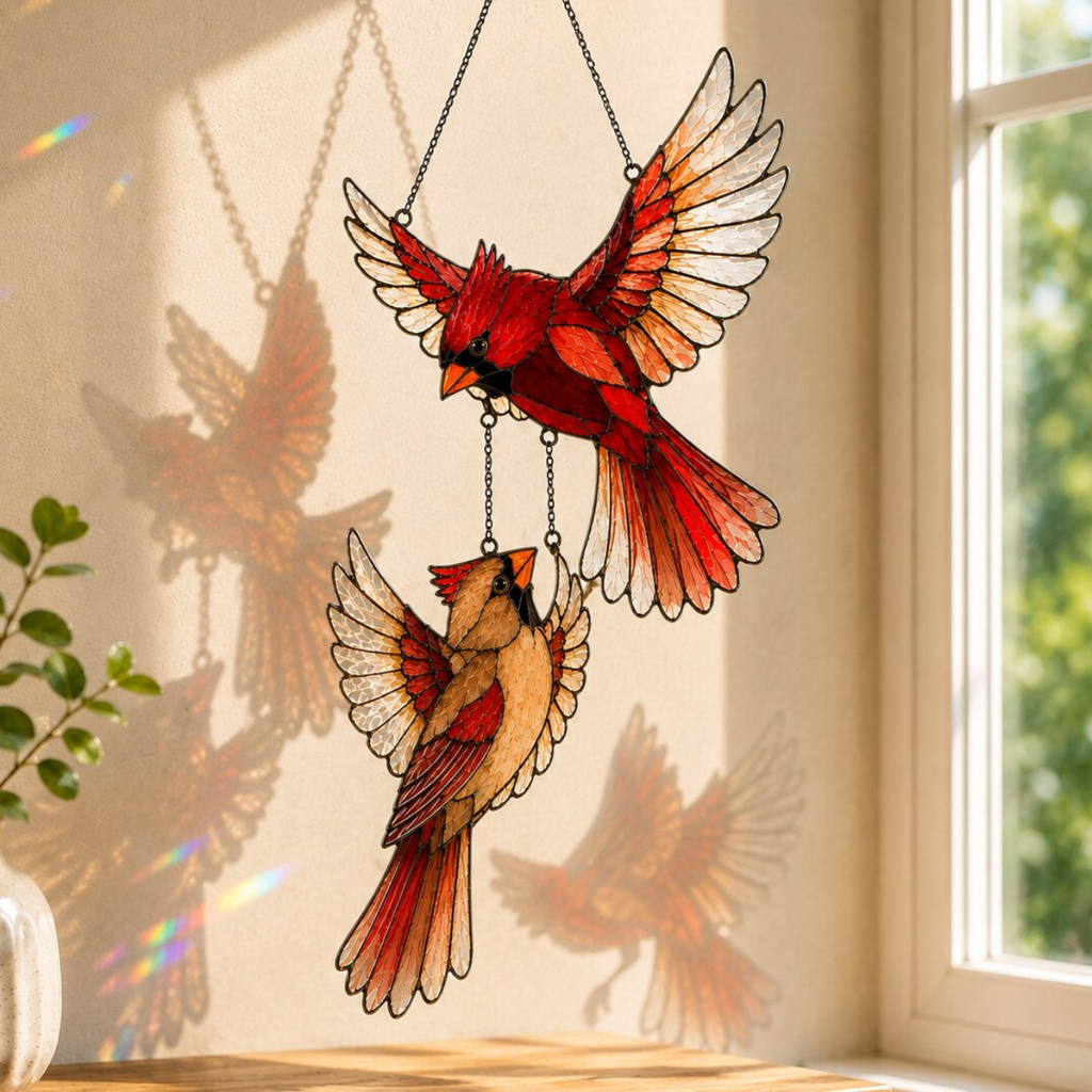 Cardinal Couple in Flight Holographic Acrylic Suncatcher