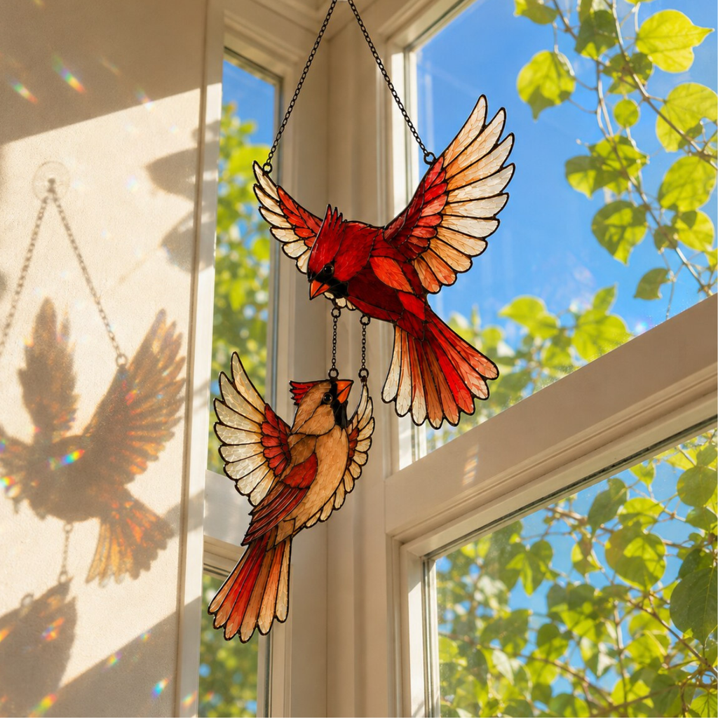 Cardinal Couple in Flight Holographic Acrylic Suncatcher