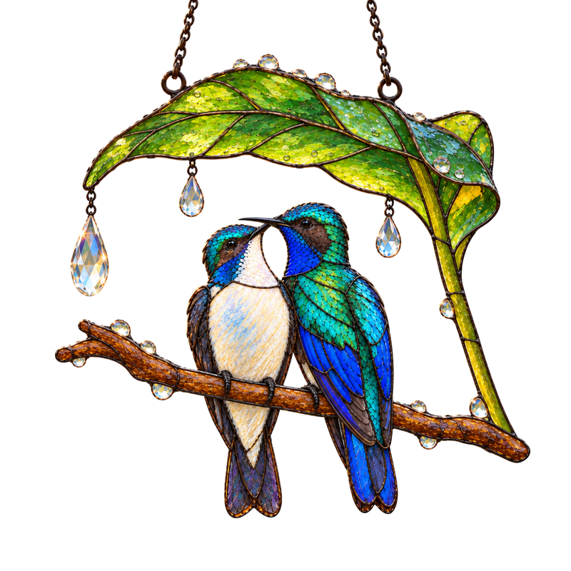 Wait Out the Rain Hummingbird Couple Suncatcher