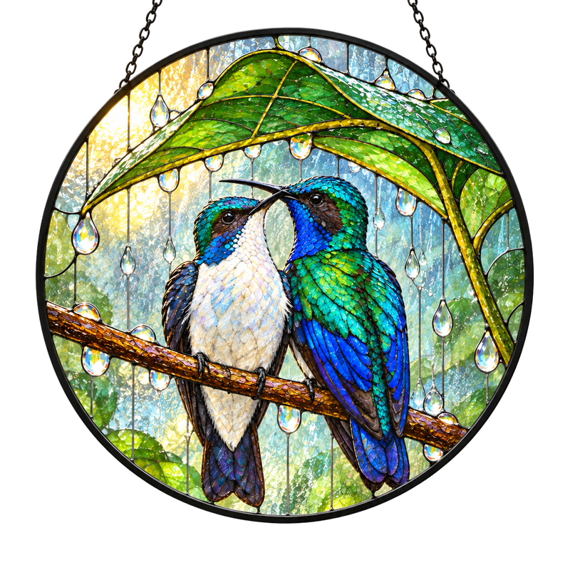 Wait Out the Rain Hummingbird Couple Stained Glass Suncatcher