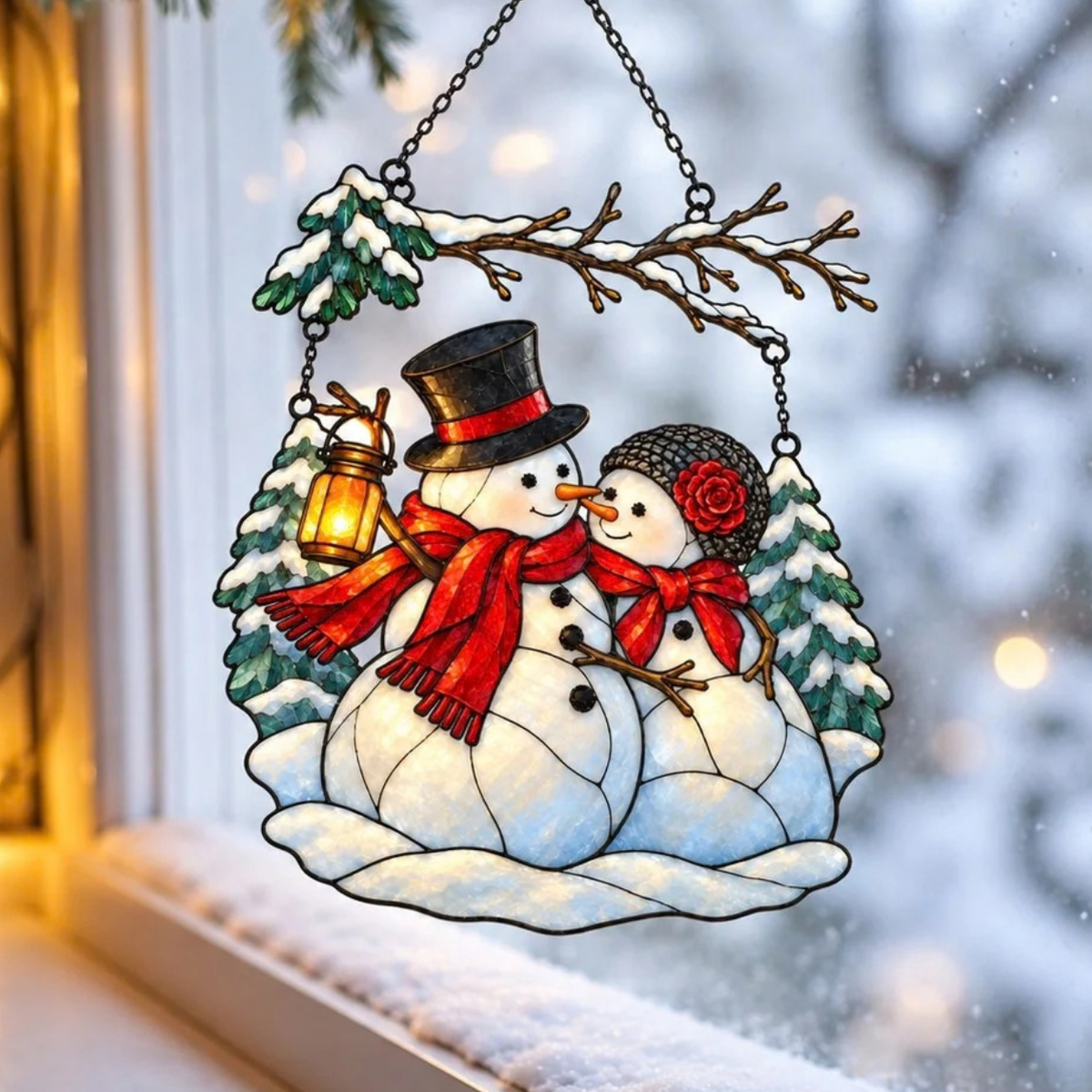 Snowman Couple with Lantern Under Snowy Branch Holographic Acrylic Suncatcher