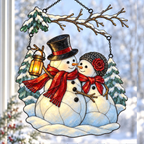 Snowman Couple with Lantern Under Snowy Branch Holographic Acrylic Suncatcher