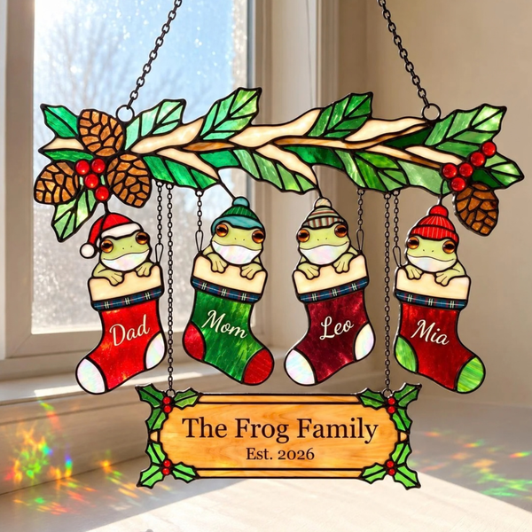 Personalized Frog Family Christmas Stockings Holographic Acrylic Suncatcher