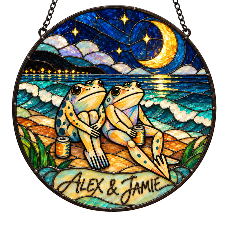 Personalized Past Midnight Frog Couple Holographic Suncatcher