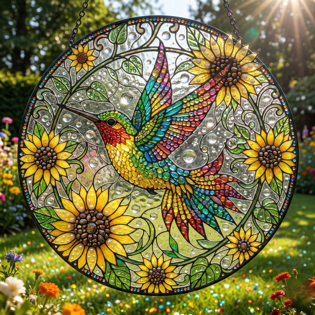 Sunflower Hummingbird Stained Glass Suncatcher