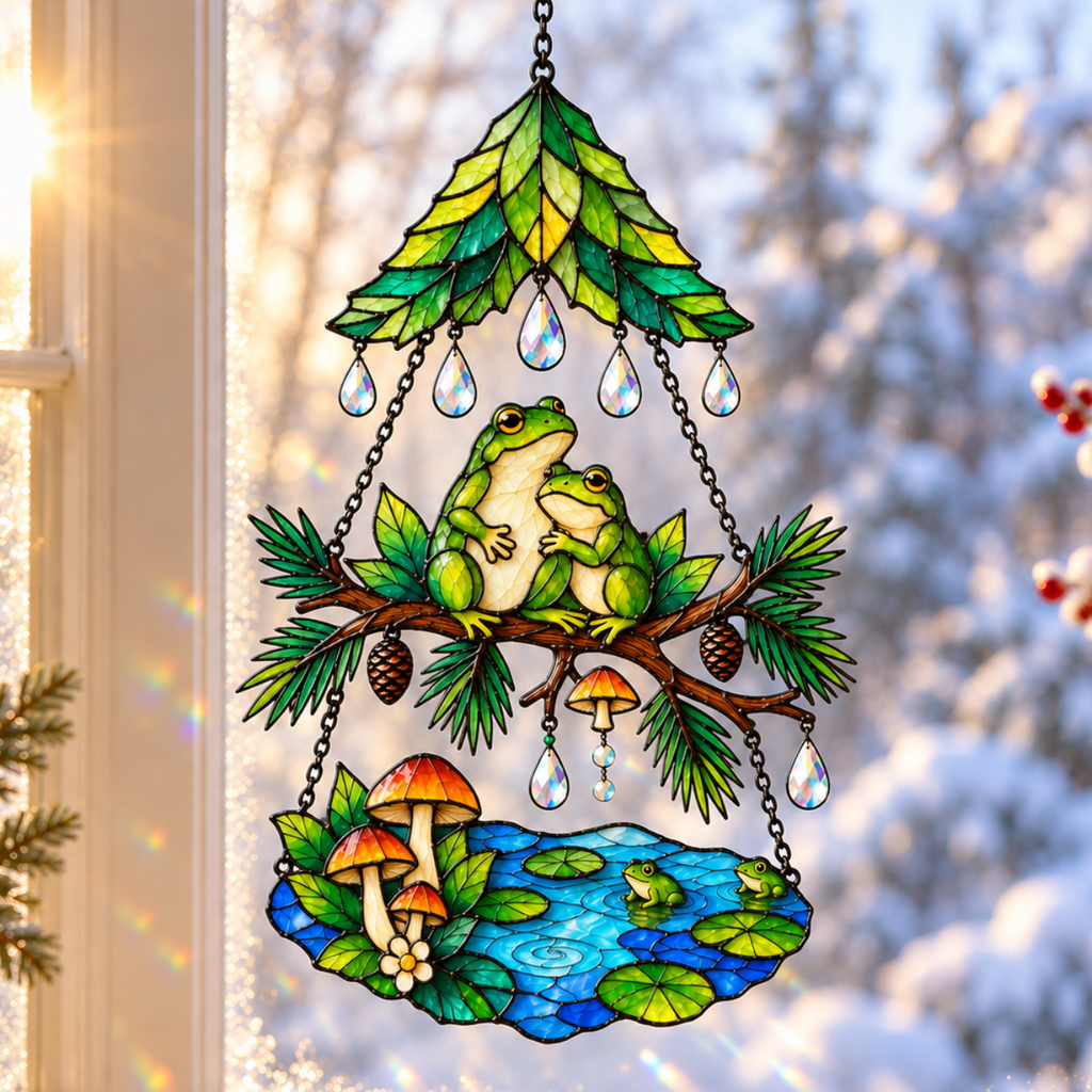 Frog Couple Pond Garden Tiered Holographic Acrylic Suncatcher