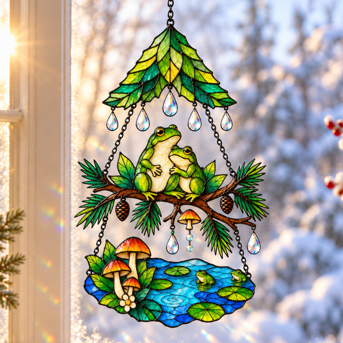 Frog Couple Pond Garden Tiered Holographic Acrylic Suncatcher