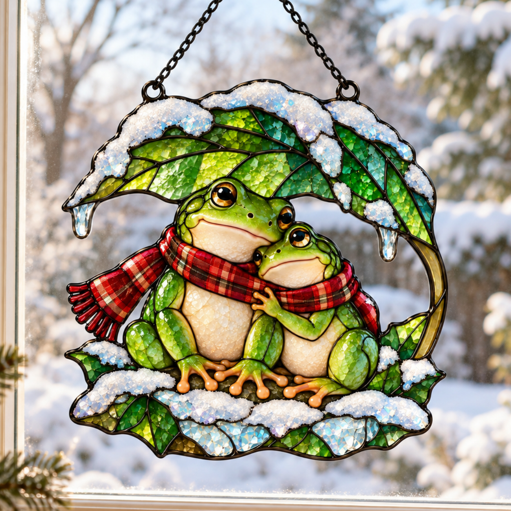 Frog Couple under a Snowy Leaf Holographic Acrylic Suncatcher