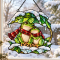 Frog Couple under a Snowy Leaf Holographic Acrylic Suncatcher